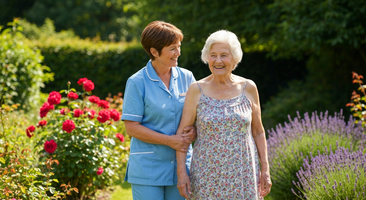 Teekay Care Services carer in a sky-blue branded uniform welcoming a family at the door for a free home care assessment.