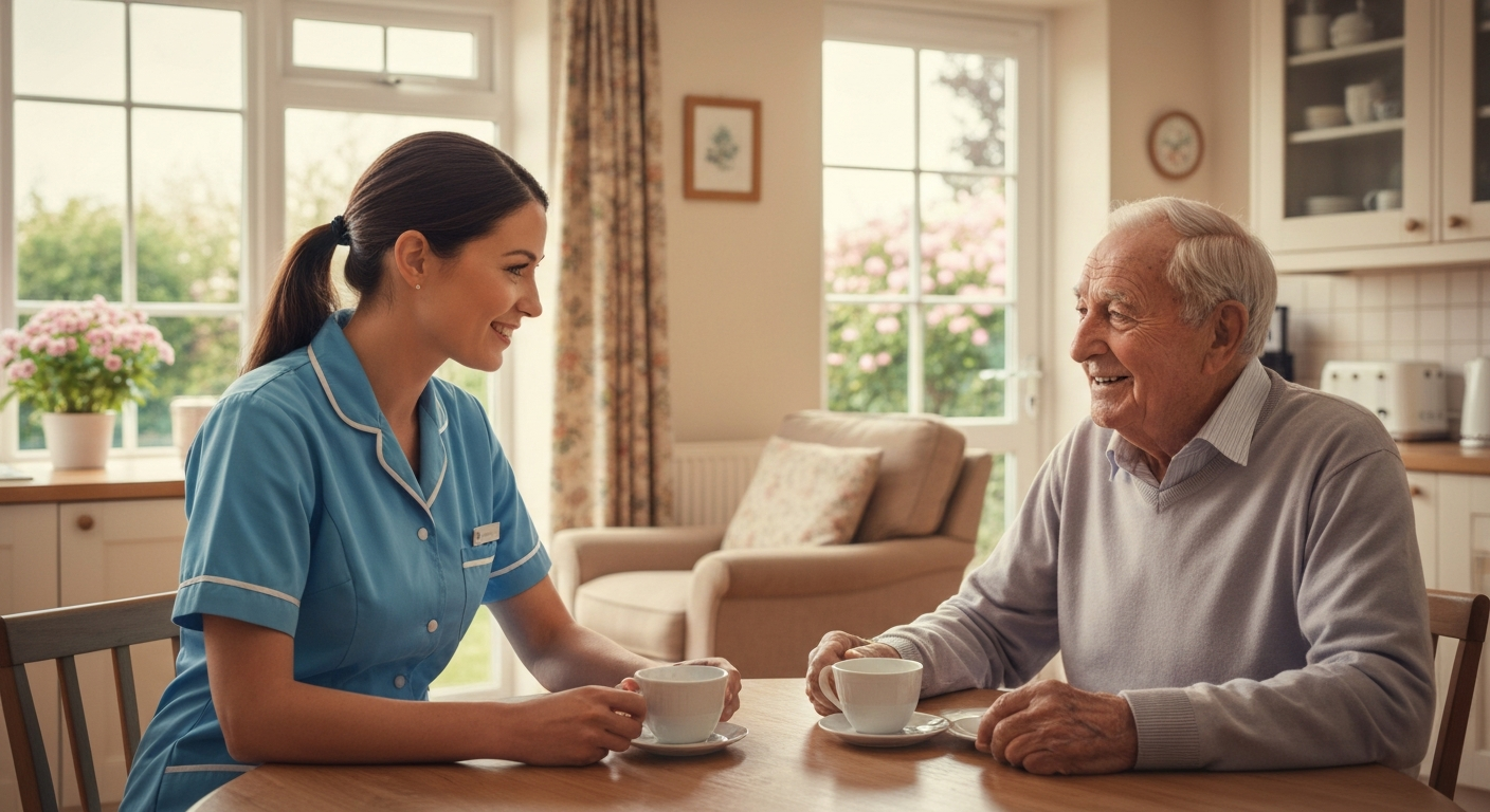 Teekay Care Services carer in a sky-blue branded uniform listening attentively to an elderly woman at home in Lewisham.