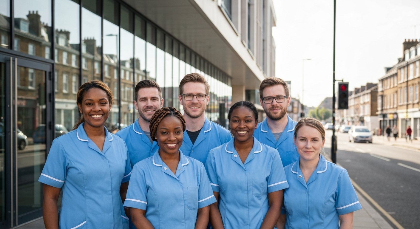 The diverse Teekay Care Services team in sky-blue branded uniforms outside their Lewisham office, ready to provide trusted home care.