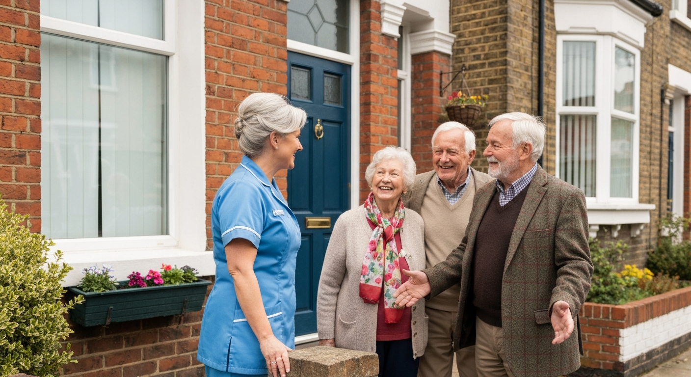 Teekay Care Services team member in a sky-blue branded uniform helping a caller check home care coverage in their area.