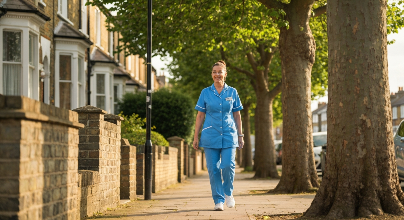 Teekay Care Services carer in a sky-blue branded uniform walking to a home care visit on a South London street in Lewisham.