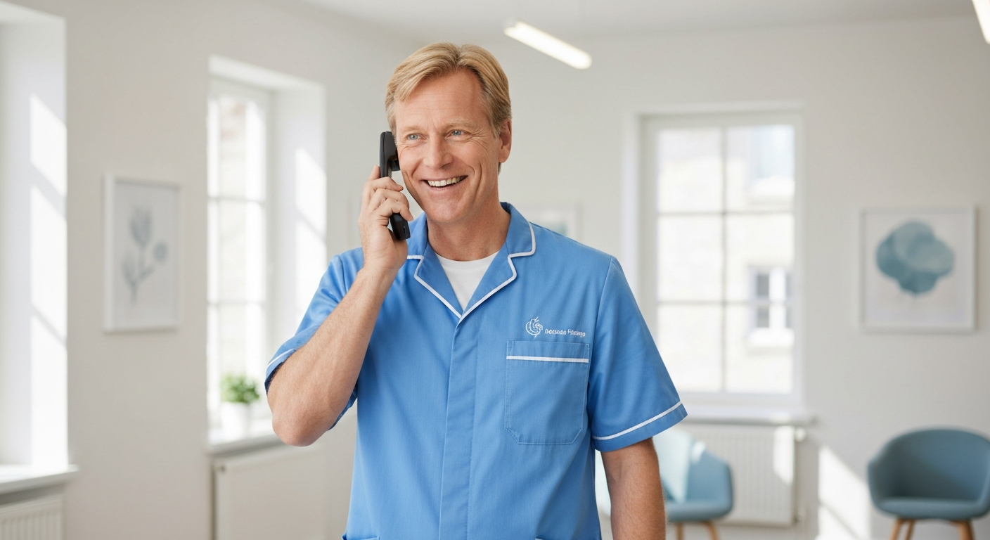 A Teekay Care Services carer in a sky-blue branded uniform answering a family's questions about a free care assessment.