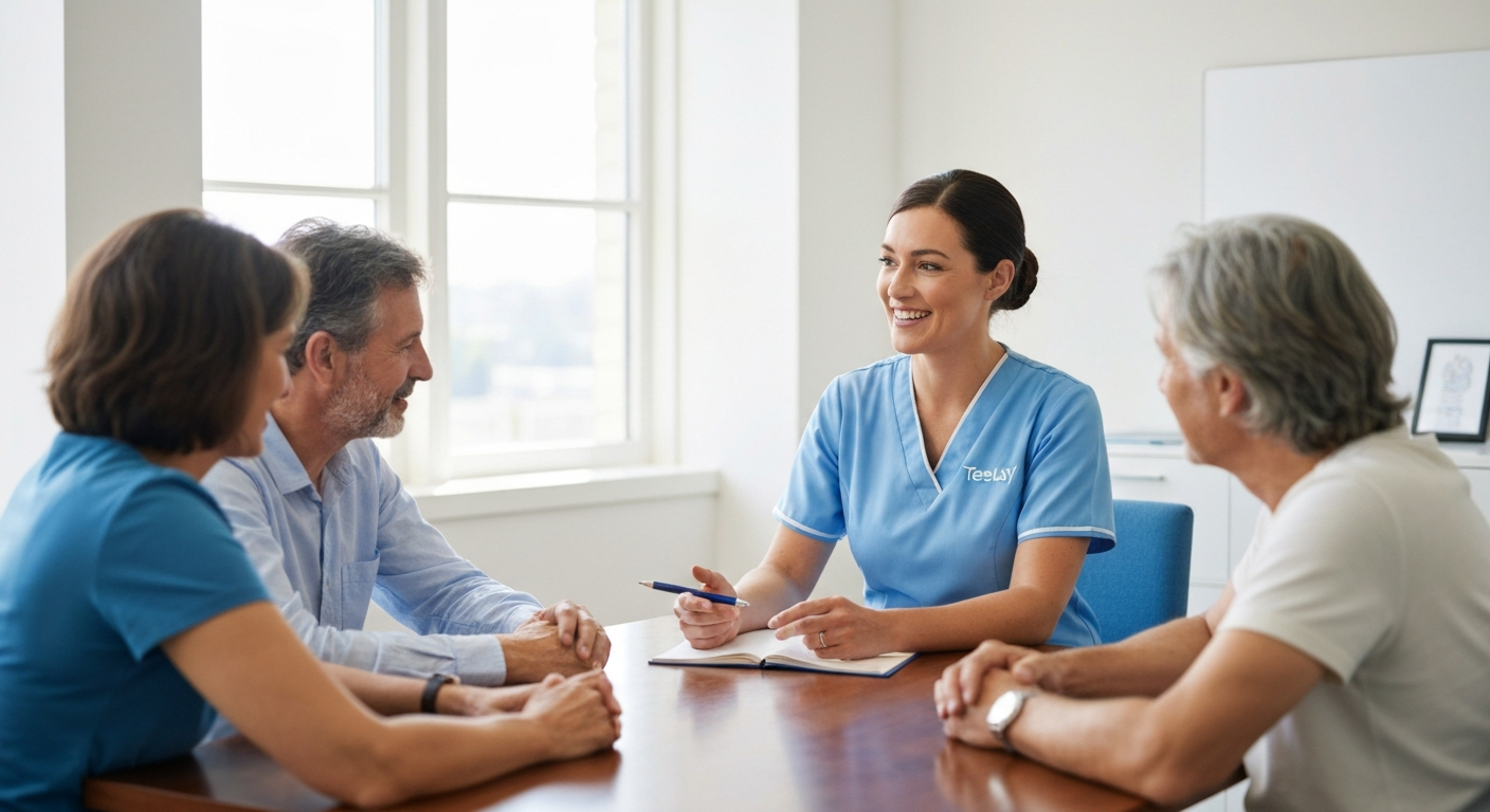 A reassuring Teekay Care Services carer in a sky-blue branded uniform talking with an elderly woman about her free care assessment in Bromley.