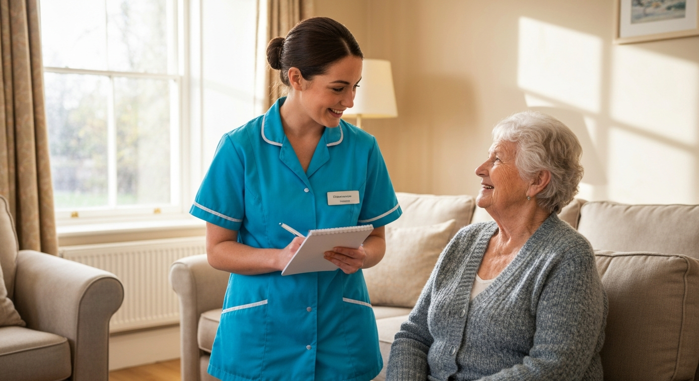 A Teekay Care Services carer in a sky-blue branded uniform carrying out a free home care assessment with a family in Lewisham.