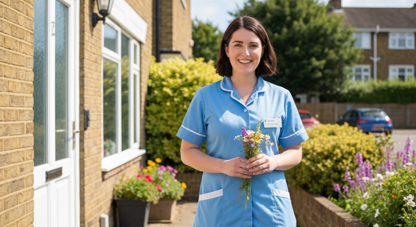 A smiling Teekay Care Services care worker in a sky-blue branded uniform arriving for a home care visit in Bromley.