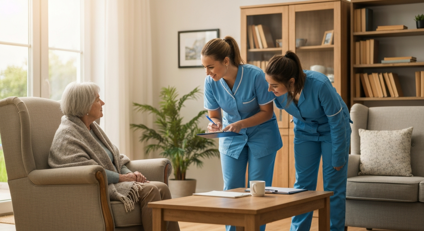 A Teekay Care Services care worker in a sky-blue branded uniform supporting an elderly man at home in Bromley.