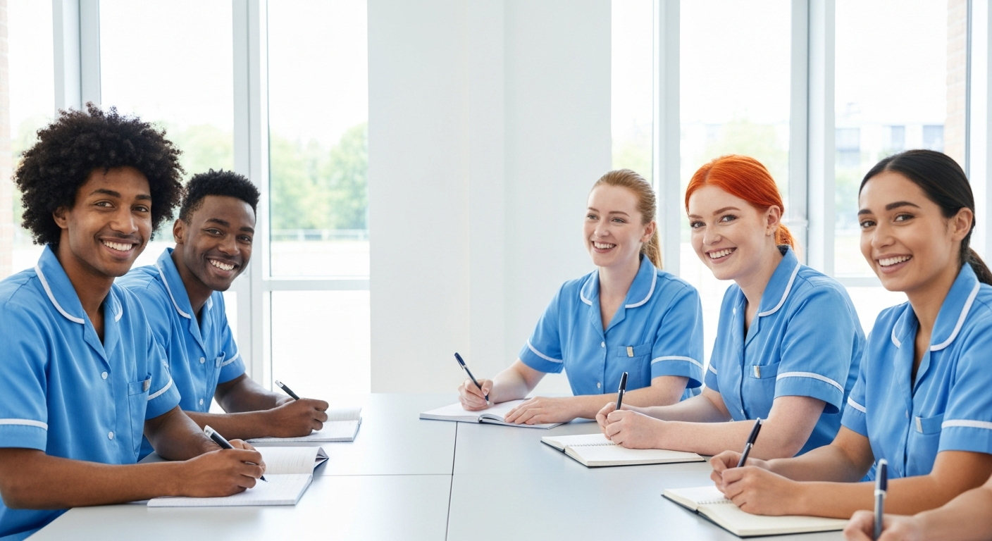 The diverse Teekay Care Services team in sky-blue branded uniforms — join our care team in Bromley and Lewisham.