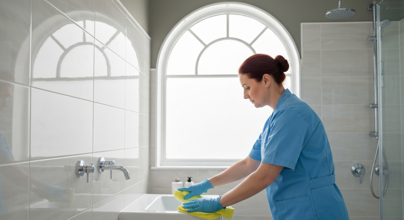Teekay Care Services cleaner in a sky-blue branded uniform discussing cleaning needs with a customer at home in Bromley.