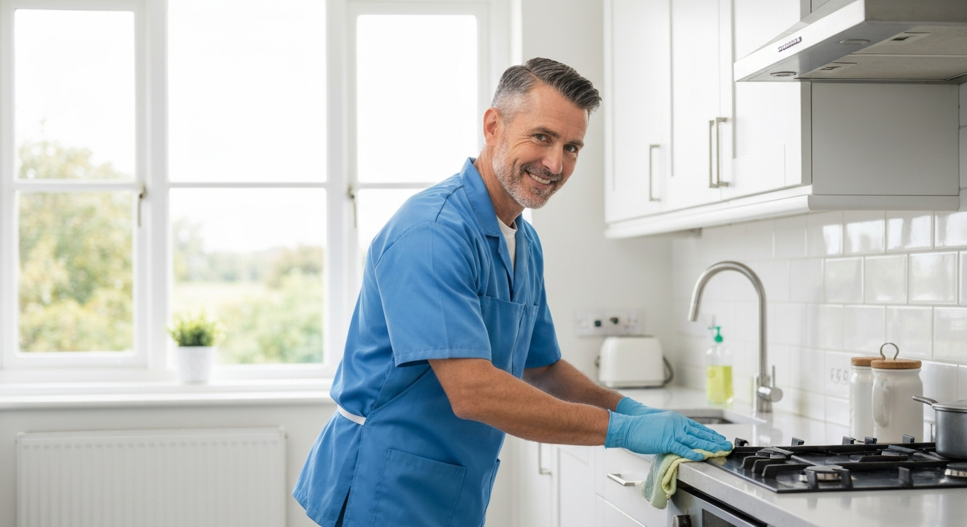 Teekay Care Services cleaner in a sky-blue branded uniform cleaning a bright living room in Bromley.