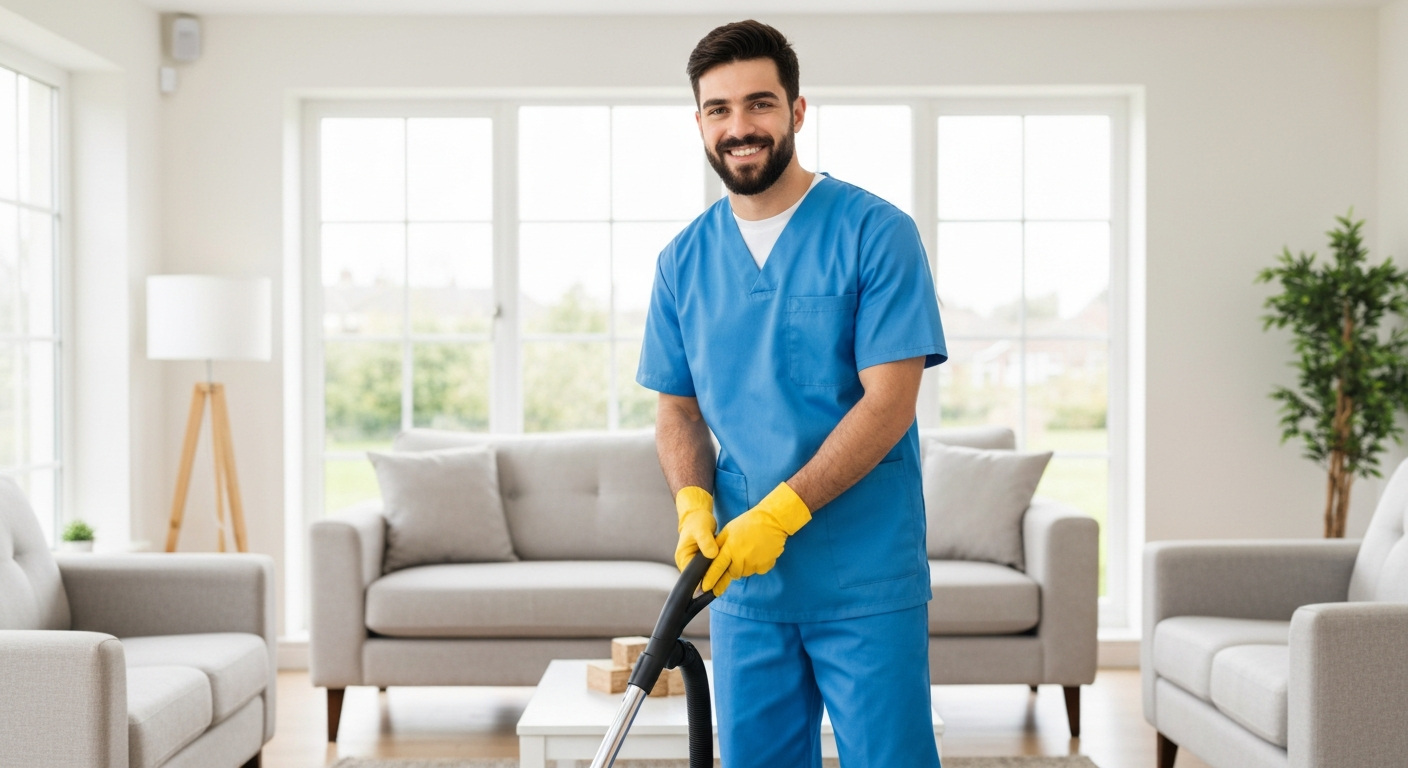 Teekay Care Services cleaner in a sky-blue branded uniform cleaning a modern kitchen in Lewisham.