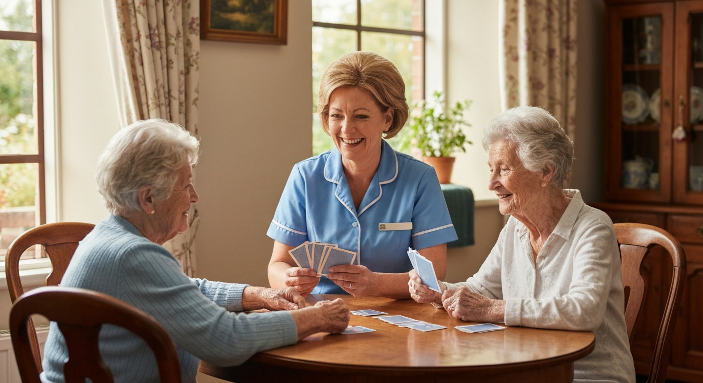 Teekay Care Services carer in a sky-blue branded uniform answering a family member's questions about companion care at home.