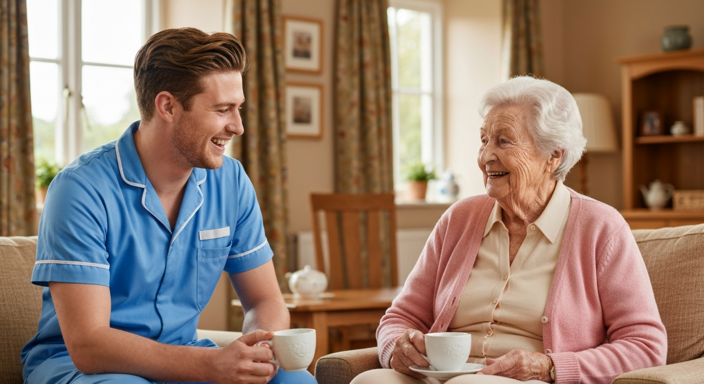 Teekay Care Services carer in a sky-blue branded uniform enjoying tea and a board game with an elderly woman during companion care in Bromley.