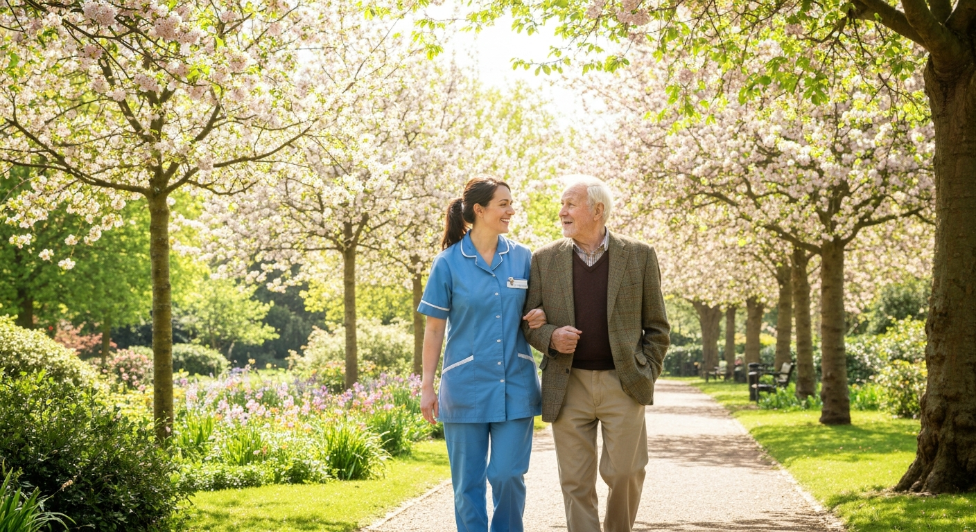 Teekay Care Services carer in a sky-blue branded uniform sharing memories with an elderly man during companion care in Lewisham.