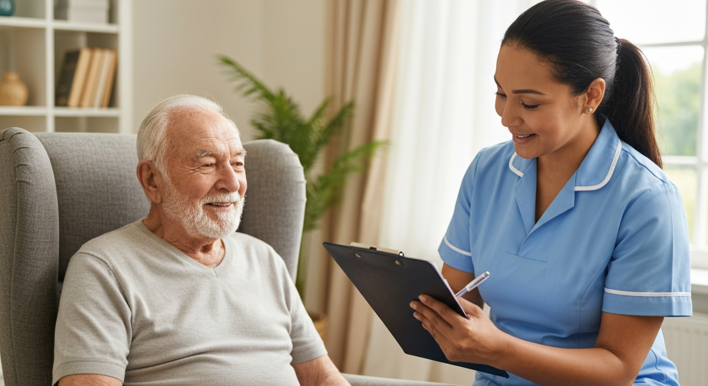 Teekay Care Services carer in a sky-blue branded uniform answering a family member's questions about complex care at home.