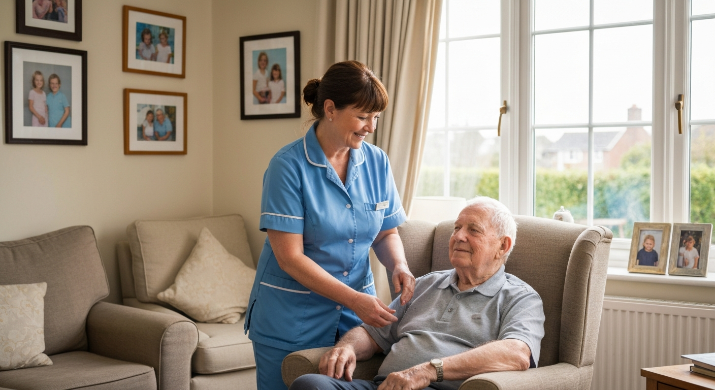 Teekay Care Services carer in a sky-blue branded uniform providing skilled complex care to an elderly man at home in Bromley.