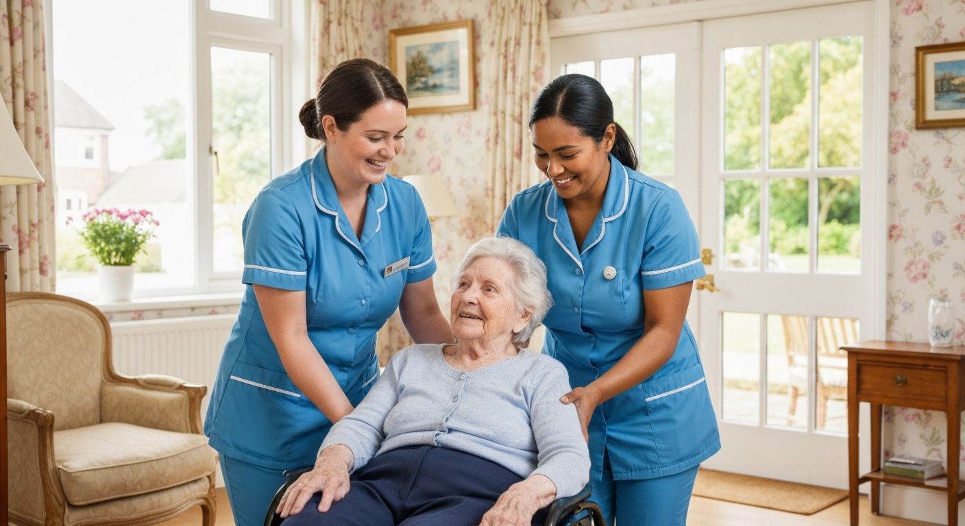 Teekay Care Services carer in a sky-blue branded uniform checking on the comfort of an elderly woman during complex care at home in Lewisham.