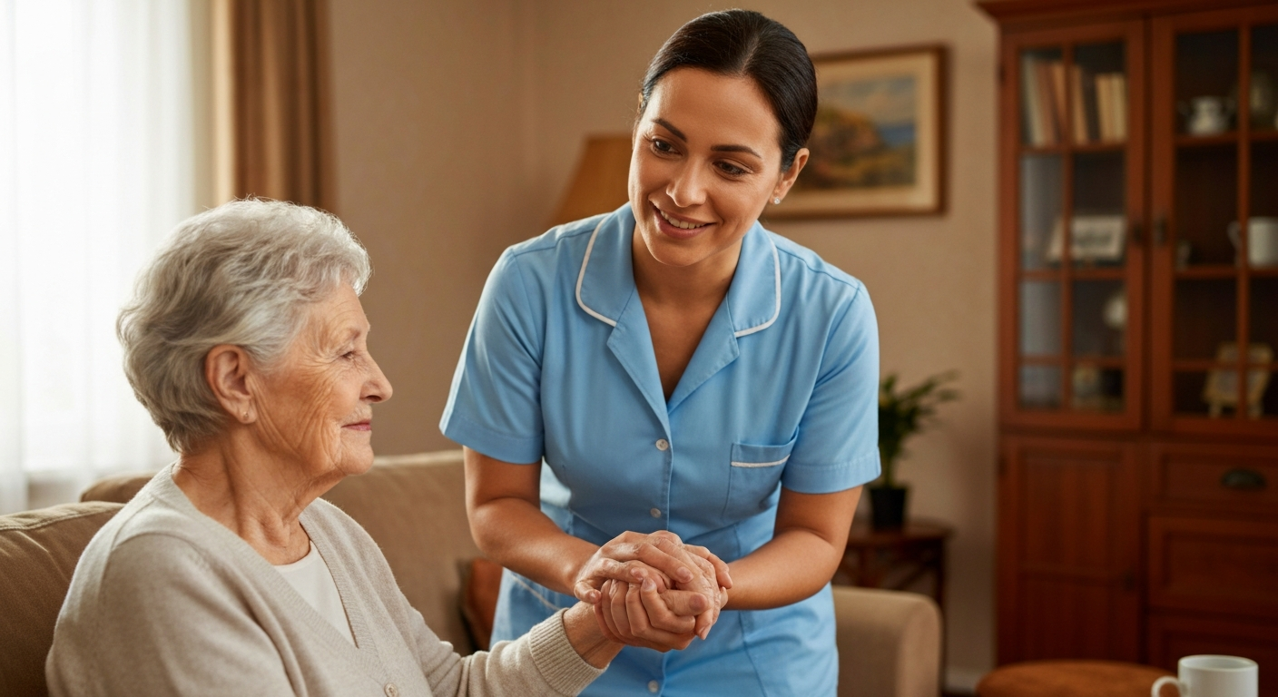 Teekay Care Services carer in a sky-blue branded uniform answering a family member's questions about dementia care at home.