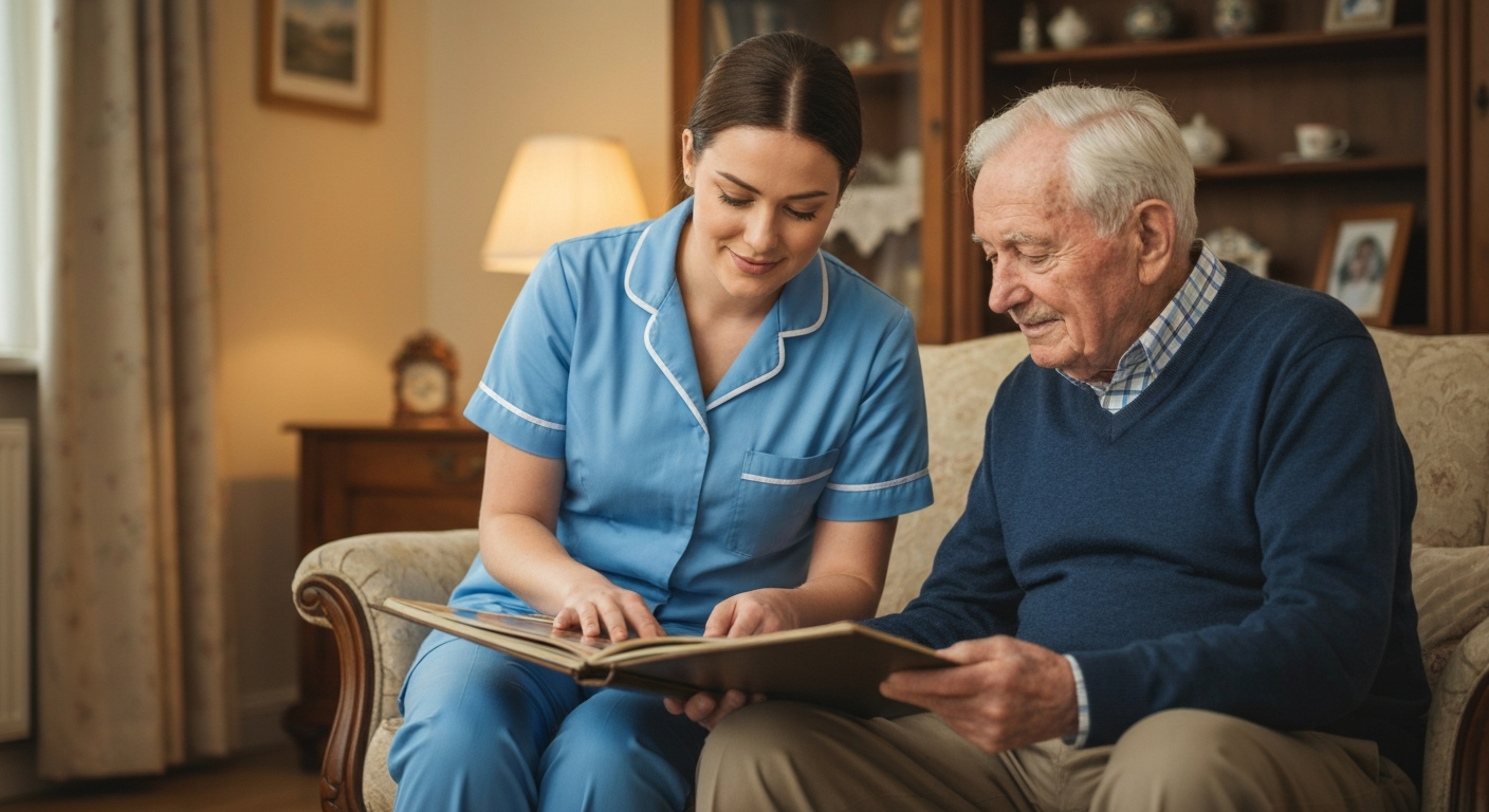 Teekay Care Services carer in a sky-blue branded uniform looking through a photo album with an elderly woman living with dementia at home in Bromley.