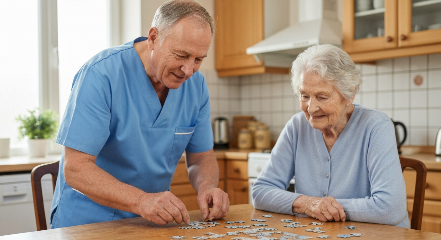 Teekay Care Services carer in a sky-blue branded uniform calmly reassuring an elderly man living with dementia at home in Lewisham.