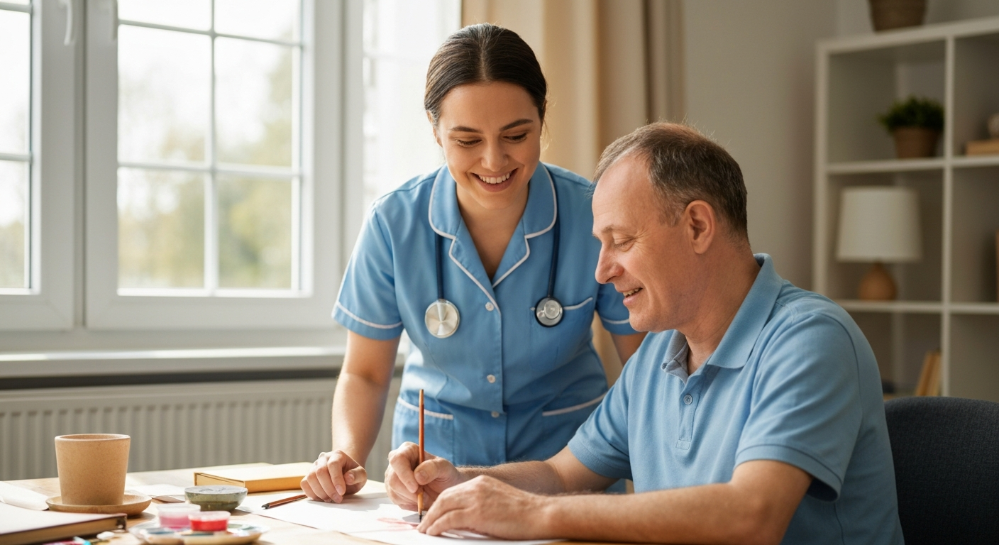 Teekay Care Services carer in a sky-blue branded uniform answering a family member's questions about disability care at home.