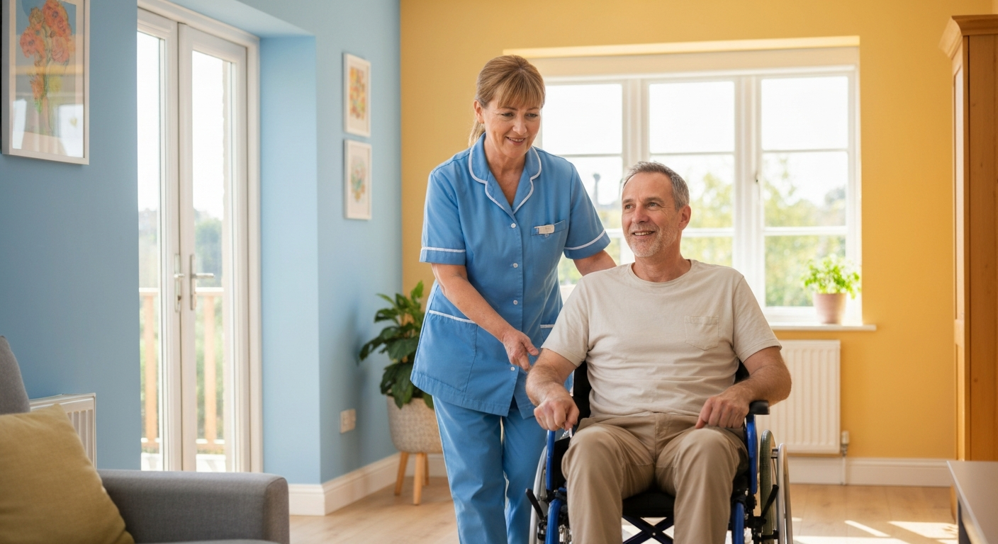 Teekay Care Services carer in a sky-blue branded uniform planning the day with a wheelchair user during disability care in Lewisham.