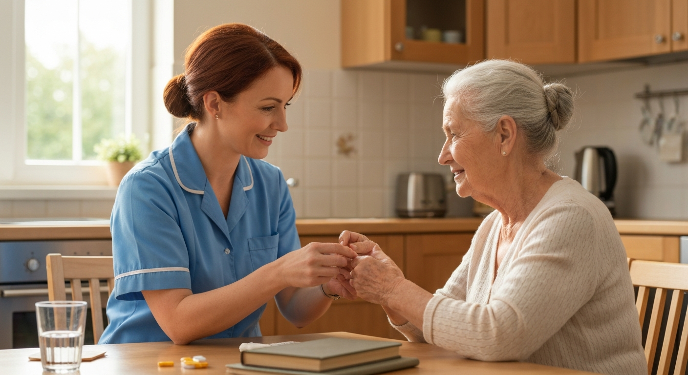 Teekay Care Services carer in a sky-blue branded uniform answering a family member's questions about hospital discharge care at home.