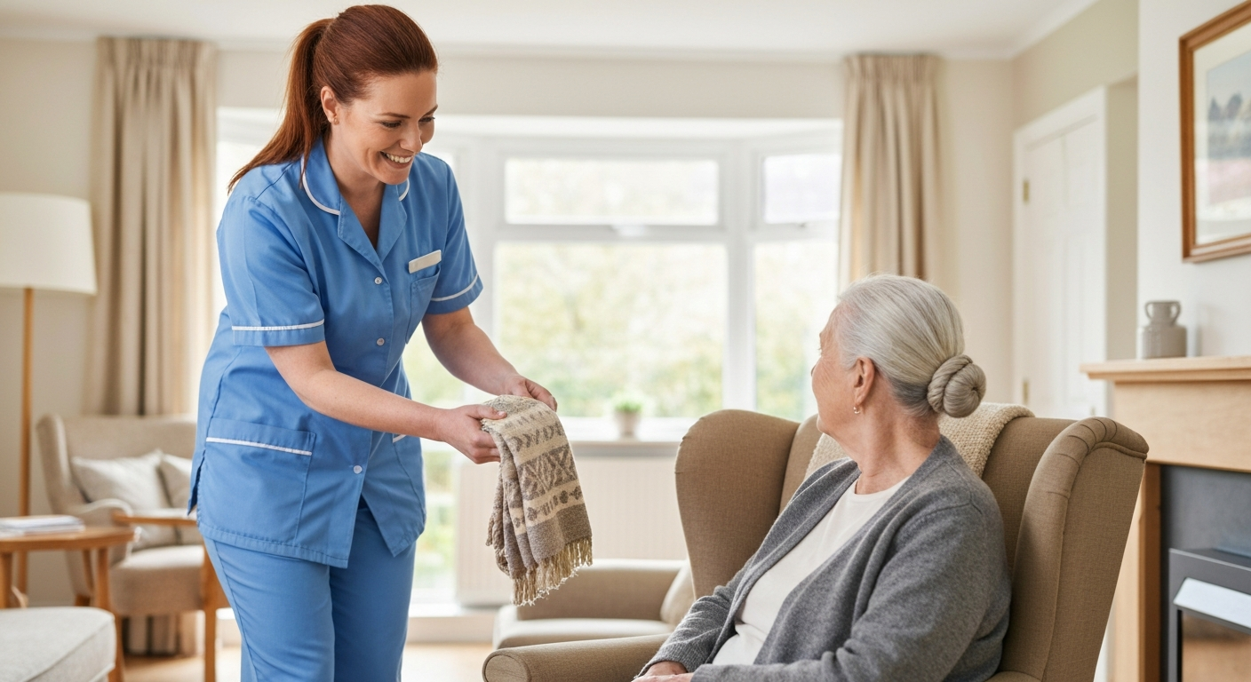 Teekay Care Services carer in a sky-blue branded uniform helping an elderly man settle home after hospital in Bromley.
