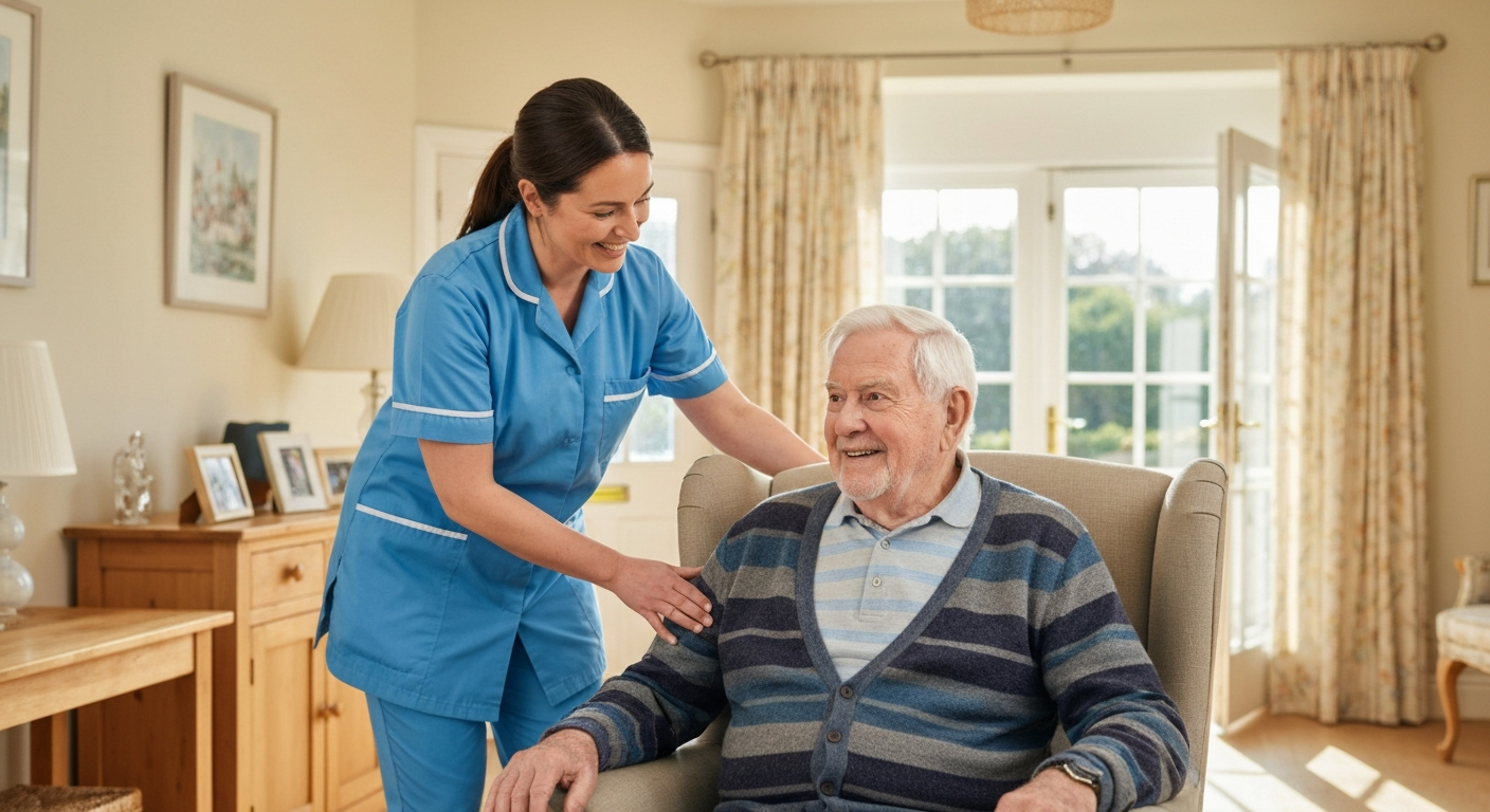 Teekay Care Services carer in a sky-blue branded uniform welcoming an elderly woman home from hospital in Lewisham.