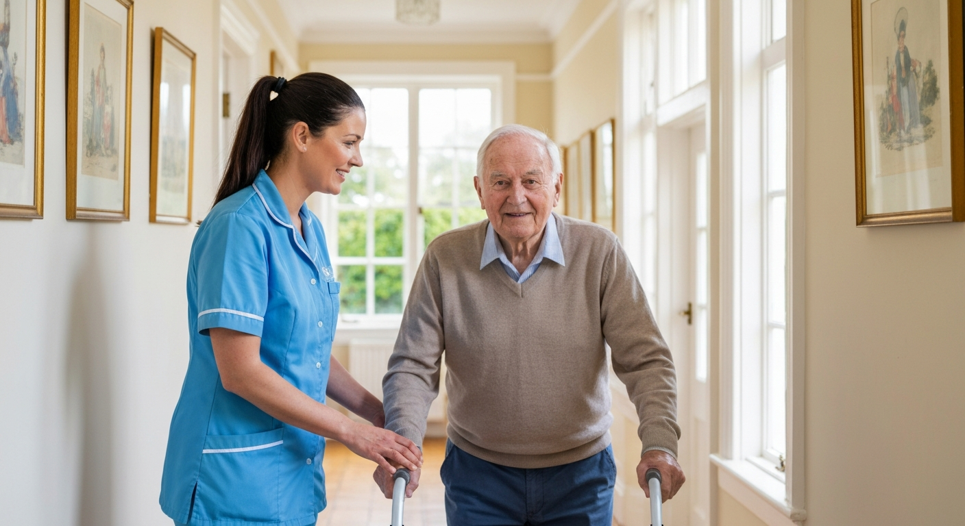 Teekay Care Services carer in a sky-blue branded uniform answering a family member's questions about live-in care at home.