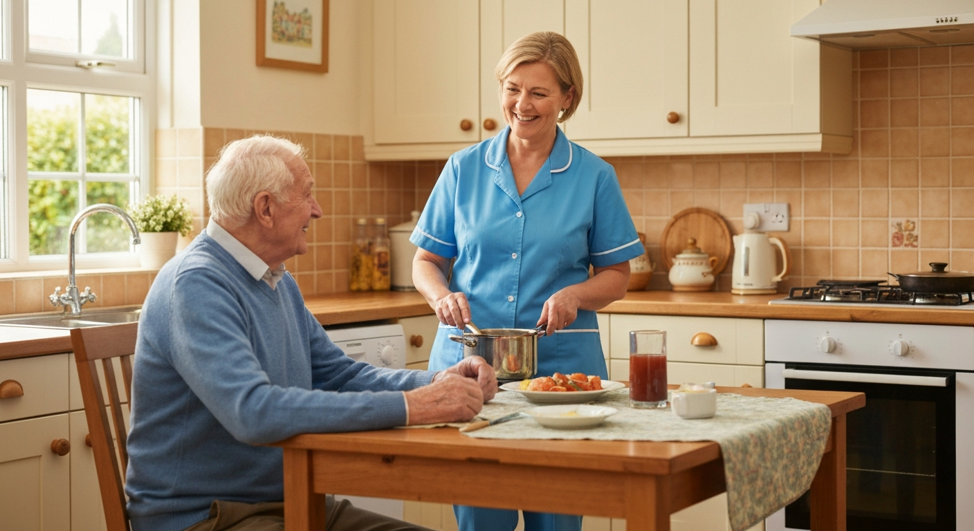 Teekay Care Services live-in carer in a sky-blue branded uniform cooking a meal with an elderly woman in her kitchen in Bromley.