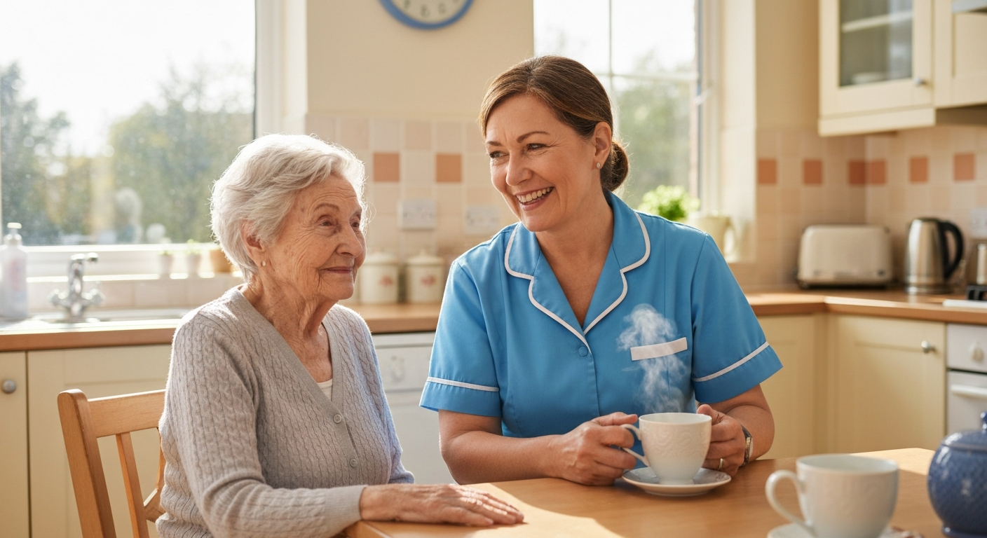 Teekay Care Services live-in carer in a sky-blue branded uniform enjoying tea and conversation with an elderly man at home in Lewisham.
