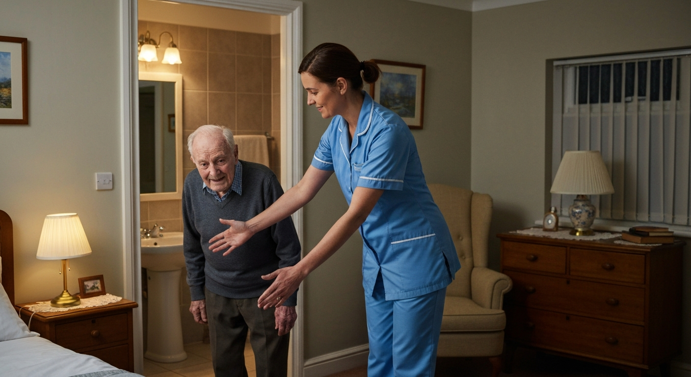 Teekay Care Services carer in a sky-blue branded uniform answering a family member's questions about overnight care at home.