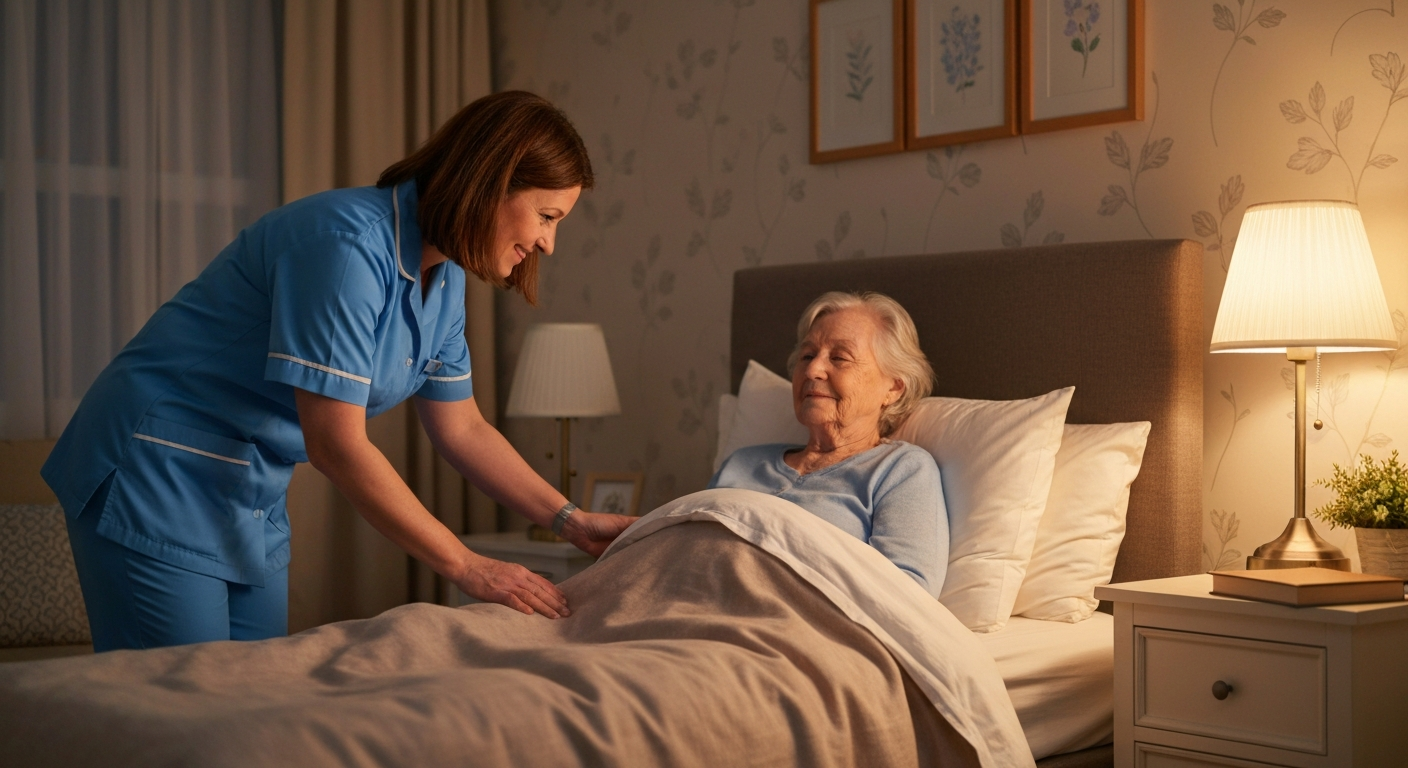 Teekay Care Services carer in a sky-blue branded uniform helping an elderly woman settle into bed during overnight care in Bromley.