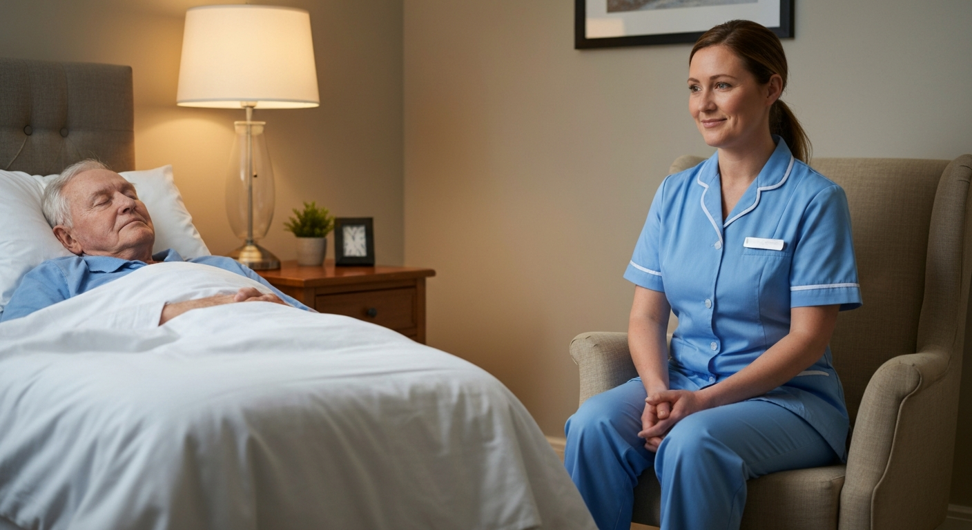 Teekay Care Services carer in a sky-blue branded uniform providing a calm, reassuring presence during a waking night at home in Lewisham.