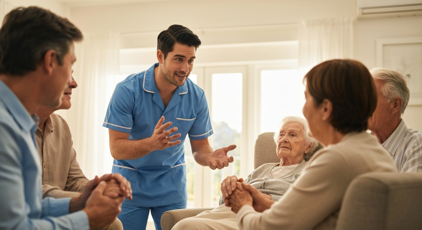 Teekay Care Services carer in a sky-blue branded uniform gently answering a family member's questions about palliative care at home.