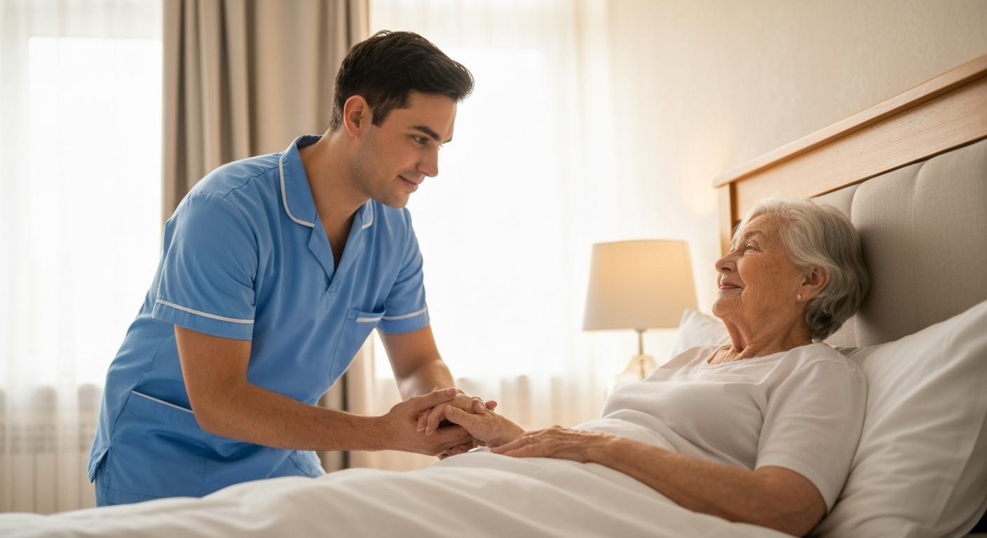 Teekay Care Services carer in a sky-blue branded uniform offering gentle, compassionate palliative care to an elderly person at home in Bromley.