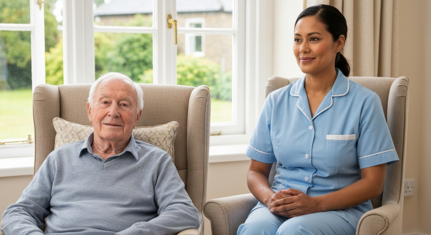 Teekay Care Services carer in a sky-blue branded uniform gently holding the hand of an elderly woman during palliative care at home in Lewisham.