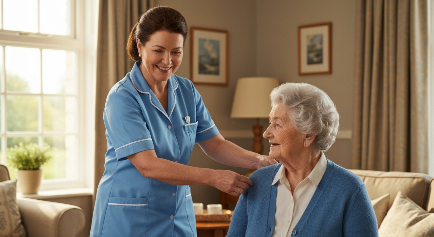 Teekay Care Services carer in a sky-blue branded uniform answering an elderly man's questions about personal care at home.