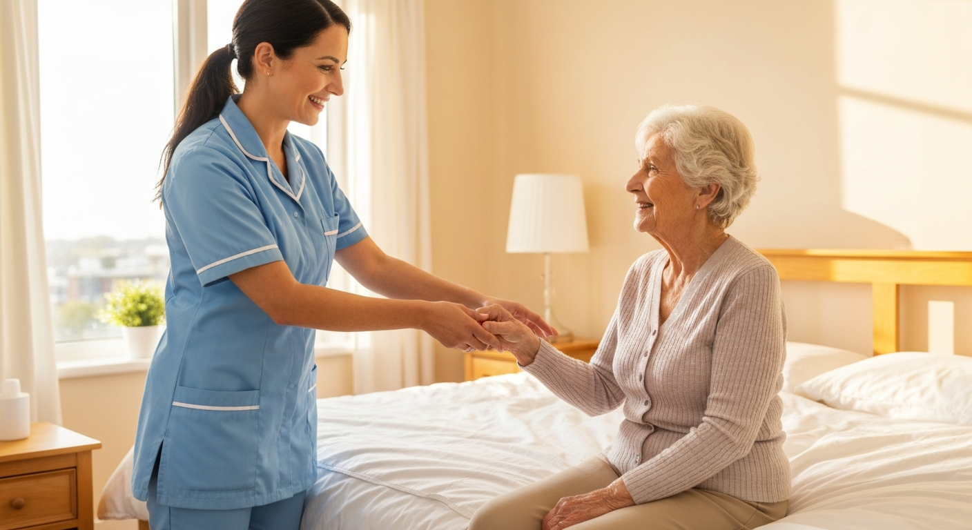Teekay Care Services carer in a sky-blue branded uniform helping an elderly man get dressed at home in Bromley.