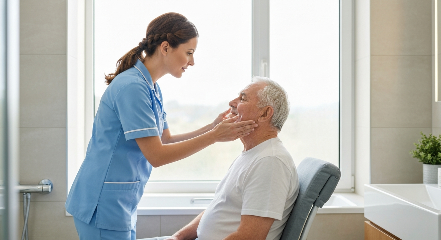 Teekay Care Services carer in a sky-blue branded uniform helping an elderly woman with her grooming at home in Lewisham.