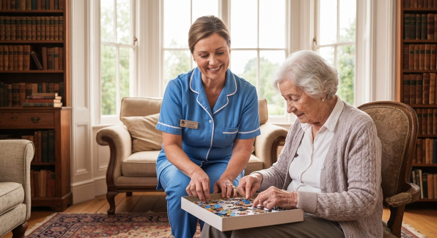 Teekay Care Services carer in a sky-blue branded uniform answering a family member's questions about respite care at home.