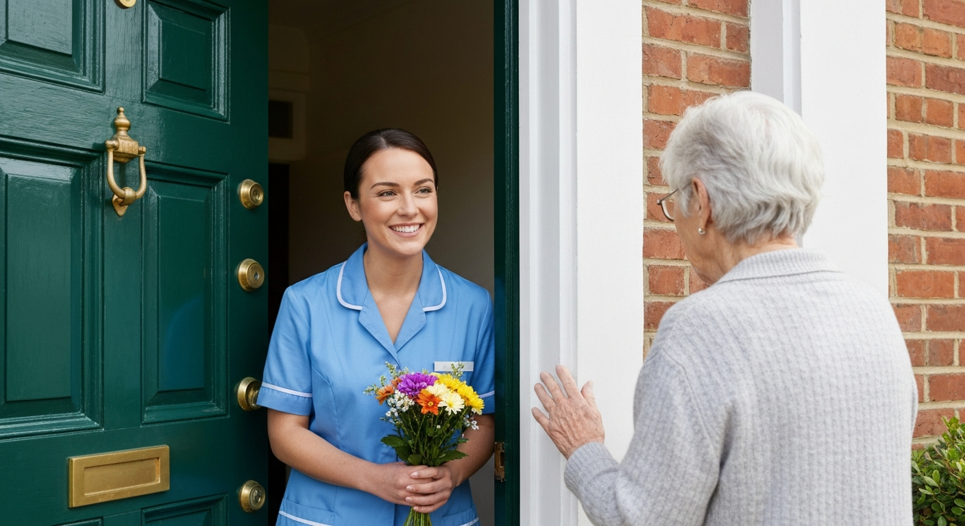 Teekay Care Services carer in a sky-blue branded uniform providing respite care for an elderly man while his family takes a break in Bromley.
