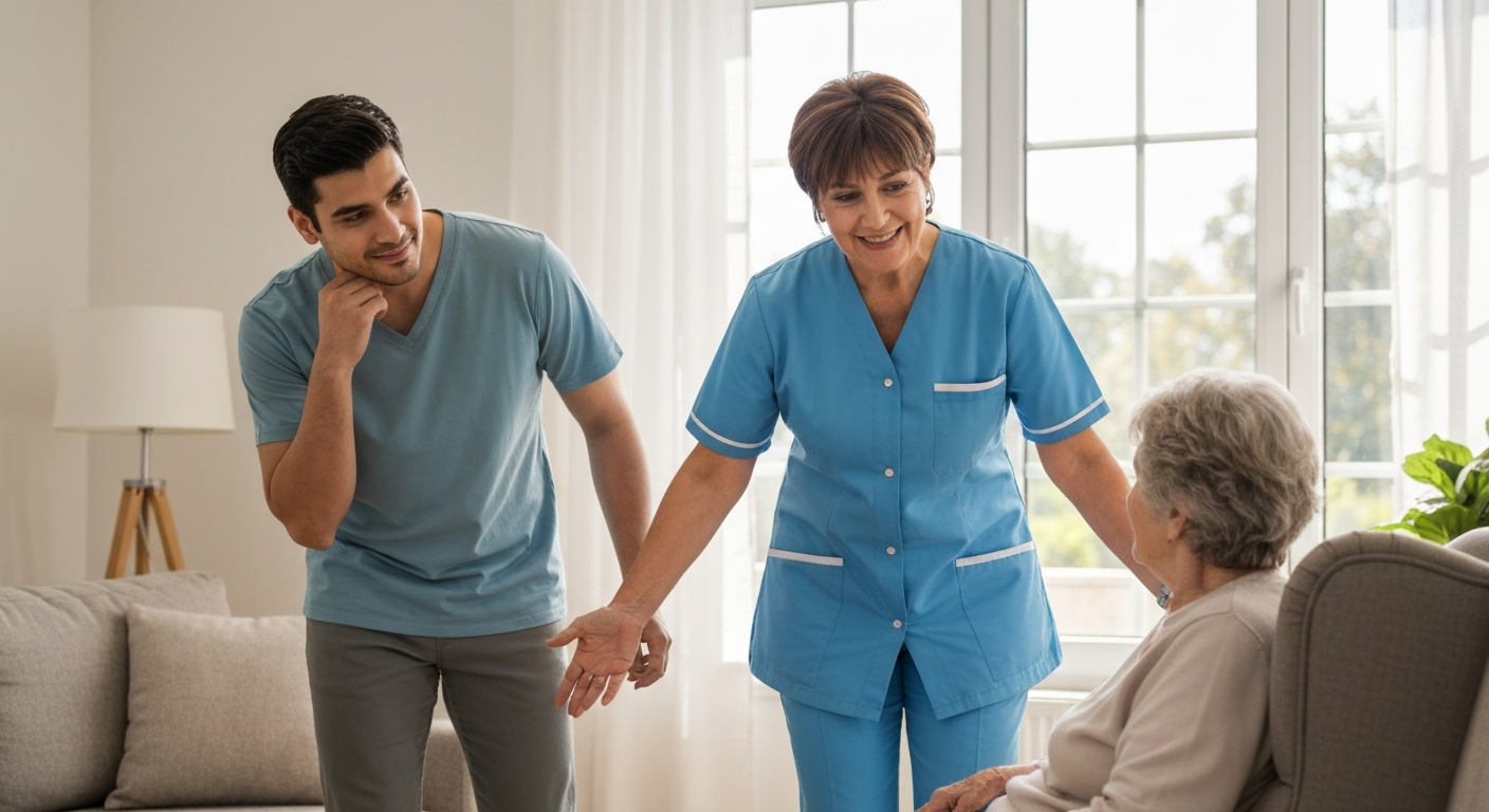 Teekay Care Services carer in a sky-blue branded uniform keeping an elderly woman company during respite care at home in Lewisham.