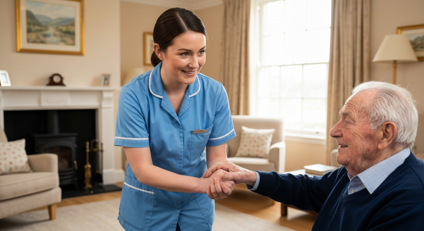 Teekay Care Services carer in a sky-blue branded uniform supporting an elderly man at home in Bromley.