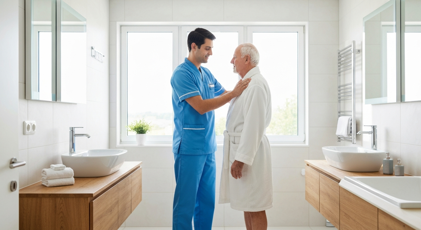 Teekay Care Services carer in a sky-blue branded uniform discussing a personalised care plan with an elderly woman in Lewisham.