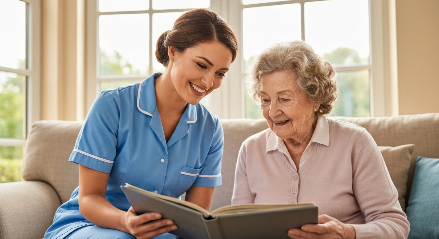 Teekay Care Services carer in a sky-blue branded uniform chatting warmly with an elderly man in his garden in Bromley.